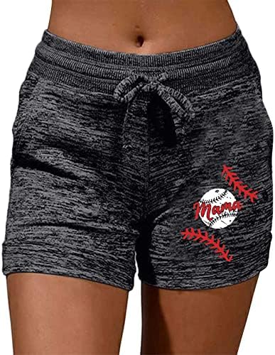 Атлетски шорцеви за жени бејзбол печати летни шорцеви со џебна случајна влечење еластична половината лесна Бермуда кратка