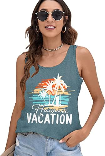 Врво на резервоарот за плажа за жени летни смешни графички маички хавајски маици за одмор Писмо печатење обични врвови без ракави без ракави