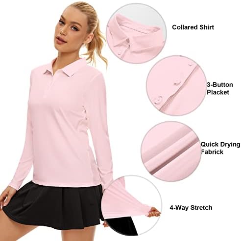 Женска голф кошула со долга ракав Поло кошула UPF50+ Сонце заштита Влага бргу сув голф Поло кошула