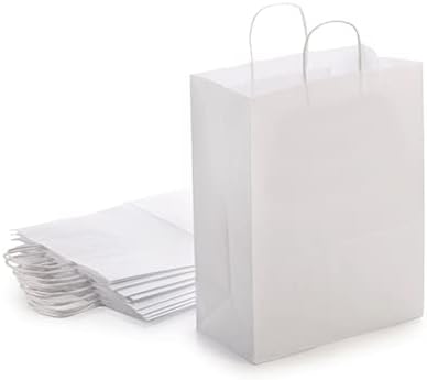 Белиот Крафт хартиени кеси со рачки - торби за подароци средна големина за торби за купување хартија, торби за забави и торби за мал бизнис