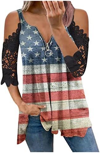 Женски ладно рамо врвот на американското знаме Starвезда шарена чипка маица V вратот патент Исечен краток ракав 4 -ти јули блуза
