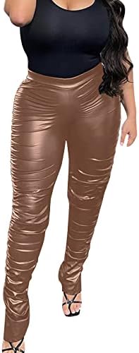 Womenените faux кожа слаби панталони Контраст патент Дизајн со високи половини обични панталони со џебови за кревање на плен од