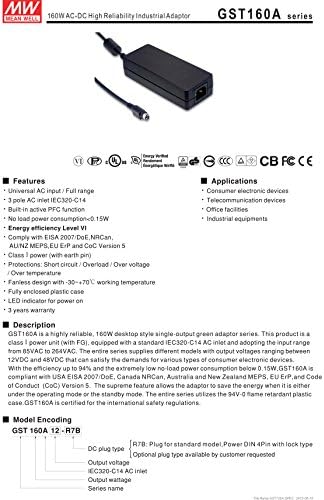 MW значи добро GST160A12-R7B 12V 11.5A AC/DC Индустриски адаптер за висока сигурност