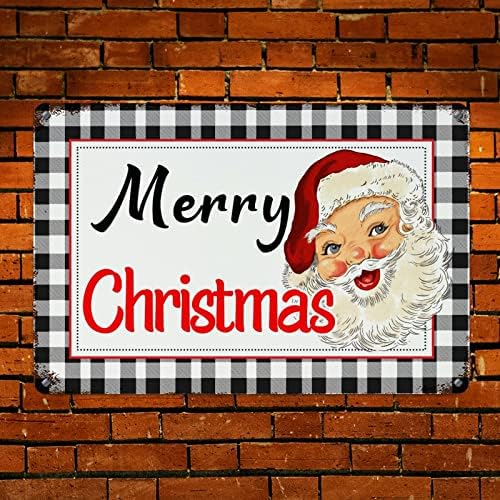 Метален wallиден знак црно -бело карирана проверка метална знак wallидна уметност весела Божиќ Дедо Мраз знак Божиќ Рустикален излитени