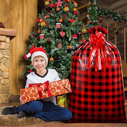 4 Парчиња Џамбо Божиќна Торба За Подароци Преголеми Црвени Биволи Карирани Божиќни Празнични Пластични Кеси за Подароци 56