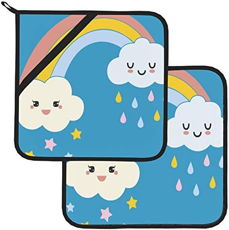 Среќни насмеани симпатични дождливи starsвезди Облаци држачи за тенџере со џебови отпорни на топлина Полтер 2 парчиња, отпорни