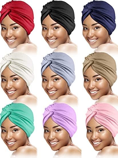 Сатиниорни 9 парчиња турбани за жени меки претходно врзани јазол мода плетени гравчиња за спиење на глава, 9 класични цврсти бои