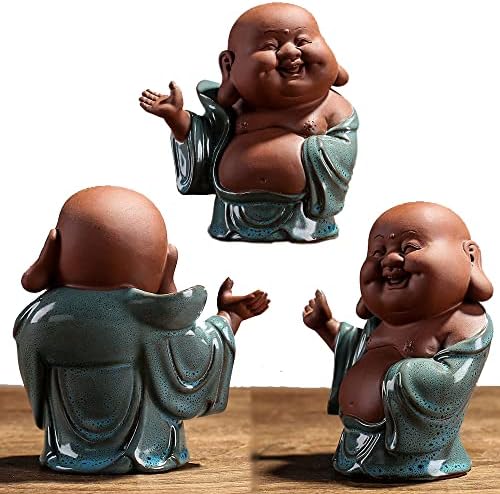 2 пакувања рачно изработени виолетова глина Maitreya фигура керамика мала симпатична смеа Буда статуа монах фигурински автомобил украс чај