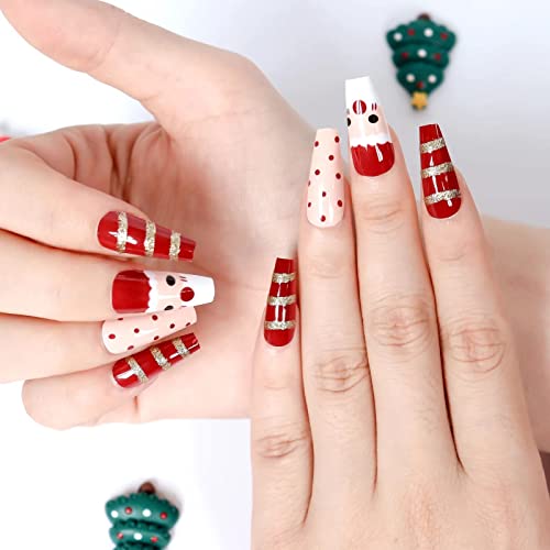 Pacebiu 24 парчиња Божиќ Прес на нокти ковчег со средна должина - лажни нокти со лепак за нокти - лажни совети за нокти за женска девојка,