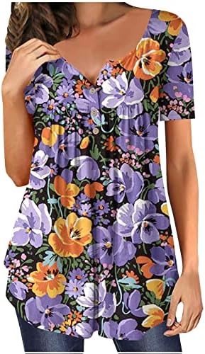 Цветна графичка блуза Camisole Tee за жени со краток ракав памучен брод со вратот салон Дупе тенок туника бистиер TG