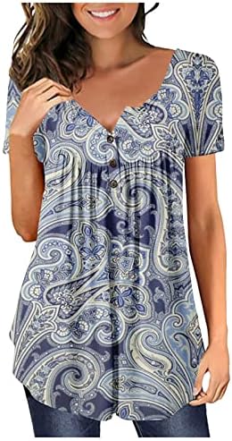 Печатени обични врвови за жени со копче надолу плетени блузи од вратот летни кратки ракави лабави одблесоци кошули
