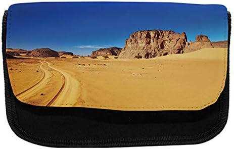 Необичен пустински молив кутија, карпести пејзаж суво време, торба со молив со ткаенини со двоен патент, 8,5 x 5,5, сино песок кафеав