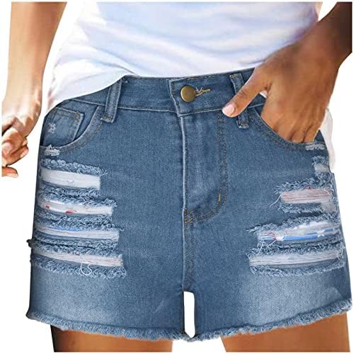 Женски тексас искинати шорцеви модни копче патент со високи половини затегнати џебови кратки панталони фармерки со џемпент