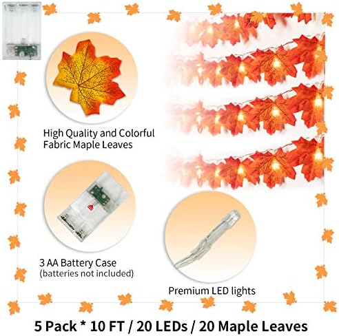 Ay 5 пакувања 50ft есен јавор од лисја од бајки самовила водоотпорни светла на лисја од лисја 3AA батерија напојувајќи за Денот на благодарноста