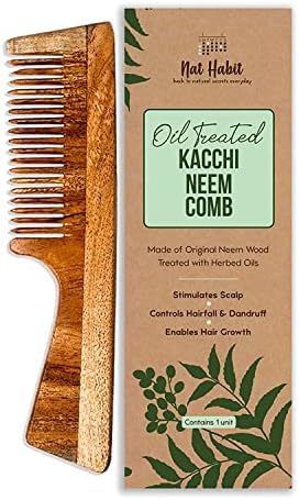 Boomers Kacchi Neem Comb, дрвен чешел | Раст на косата, пад на косата, контрола на првут | Зацрвстување на косата, контрола на фриз | Чешел за мажи, жени | Третирани со нееми масло,