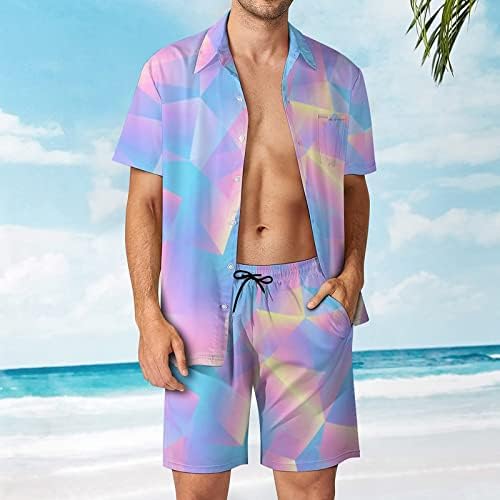 Ретро 80 ​​-тите триаголни пастели за машка облека од 2 парчиња облека на плажа Хавајски копче надолу со кошула со краток ракав и шорцеви костуми