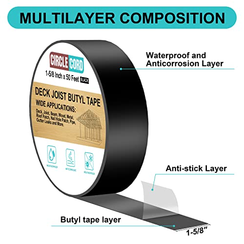 CircleCord Deck Joist Buttill Tape 1-5/8 инчи 50 стапки 6 пакувања, лента за трепкање со греди, заптивка за заптивка на бутил, за трепкачки палуби и греди, антикорозивно водоотпорно црн