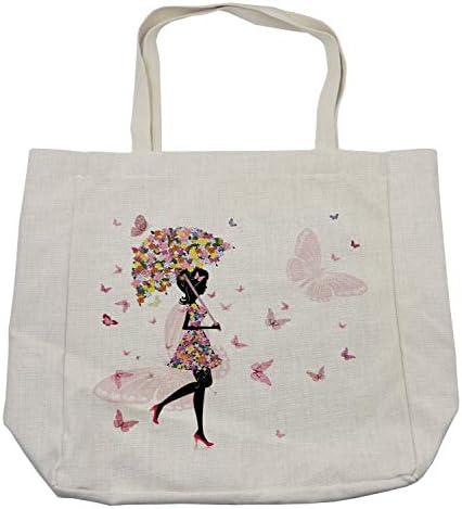 Ambesonne inенска торба за купување, девојче со цветен чадор и фустан Одење со пеперутки инспиративна уметност, еколошка торба