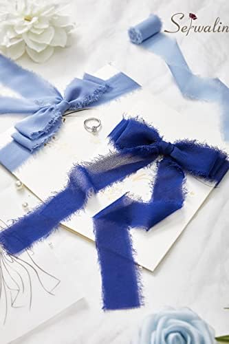 Сервалин рачно изработена раб шифон свилена лента со ленти за бои табела 4 парчиња 6 yd 1,5 сини исцрпени рабови Boho свадбена лента