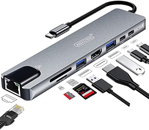 USB C адаптер, надграден Aszune 8 во 1 USB C Hub USB C Ethernet адаптер HDMI мултипорт адаптер лаптоп докинг станица за HP Dell MacBook со 3,0 USB PD TF/SD картички RJ45