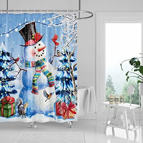 Наша завеса за Божиќни туш, водоотпорна завеса за туширање на снежни луѓе за бања, завеса за туш за одмор со 12 куки, шумски снежен човек