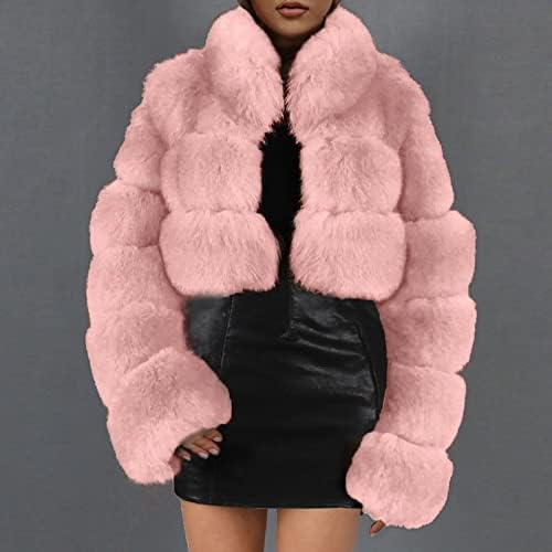 lcepcy Фазински јакни за жени топло зимско бушаво кратко палто меки цврсти бои со крзнени палта модни долги ракави за надворешна облека