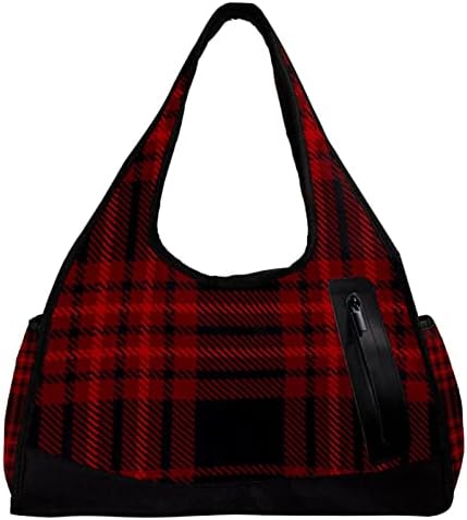 Црна и црвена карирана проверка на туристички торбички за спортска салата за спортска торба викенд во текот на ноќта торба за жени мажи за жени