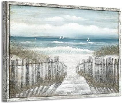 Дрвена wallидна уметност плажа Пат: песочна патека со ограда од маслото сликано крајбрежно уметничко дело, врамени за бања