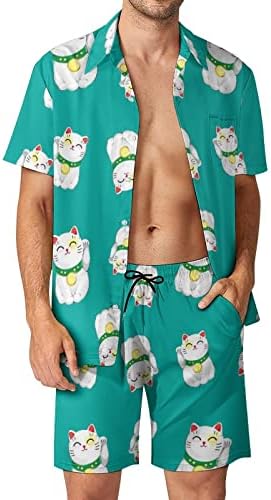 Јапонски среќни мачки за мачки 2 парчиња облека на плажа на хавајски кошула со кратки ракави и костуми за шорцеви