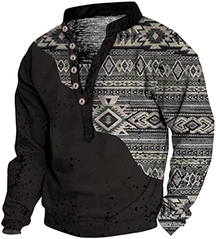 Fireero Men Western Aztec Printing Sweatshirt Masshirt Mase Down V-врат џемпер штанд јака 6 копче гроздобер пулвер врвот на врвот
