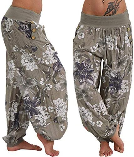 Andongnywell жени печати широки харем панталони хипи бохо лабава џеб копче хареми панталони високи половини панталони за плажа