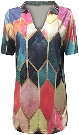 Женски врвови лето 2023 година лапел против вратот кратки ракави маици геометриски шема за печатење кошула обични тенок фит блузи