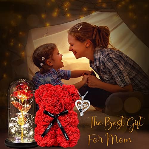 Jzeeiwy цвет роза мечка за мама, совршен роденденски подарок за баба на мајка сопруга, осветли роза во стаклена купола за мајка на