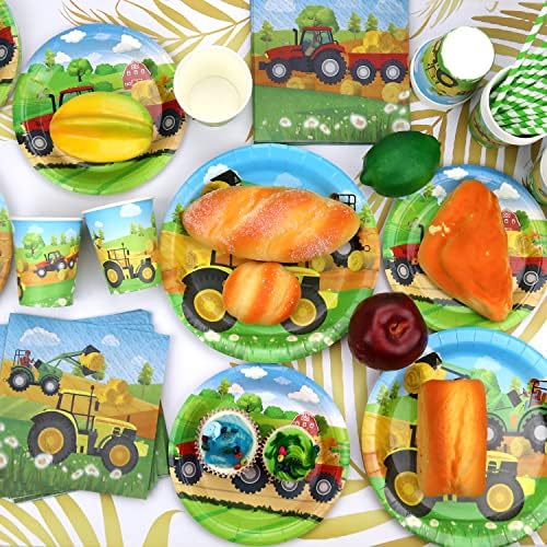 Декорации за забави на трактор - прибор за јадење за роденденски партии на фарма, вклучително и тракторски плочи, чаши, салфетки,