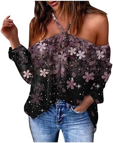 Дами на блуза, долги ракави од рамо V вратот без грб графички графички принт, цветен бренд секси врвен кошула тинејџерки тинејџери
