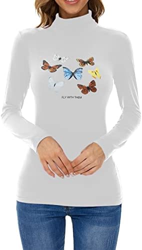 Кошули со долги ракави на NREALY BLUSA за жени Пеперутка Печати Туртлнек Тенок Вклучени врвови есен и зимска пулвер дното на дното на дното