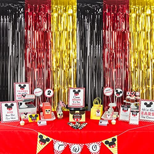 Додатоци за роденденска забава LOLSTAR MICKEY, 3,3x6,6 ft црно црвено злато ливче со фолија, завеси, мики за фото -штанд, заднината, украси