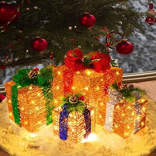 [Супер голем 12 -10 -8 -7] 4 Пакувани кутии за подароци Божиќни украси 70 LED тајмер 8 режими далечински батерија управувана златна