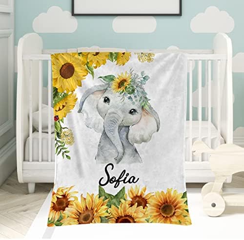 Обично име Бебе ќебе за момчиња за девојчиња, персонализиран сончоглед дизајн на слонови мек фланел бебешки ќебиња за девојчиња, ќебе за