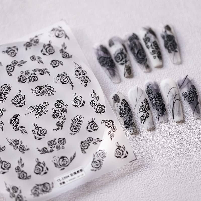 Црна роза 5Д врежани налепници за лепило за лепило за лепило за лепило на налепници на ноктите налепници 3Д задниот лепак лизгачки нокти Декларации