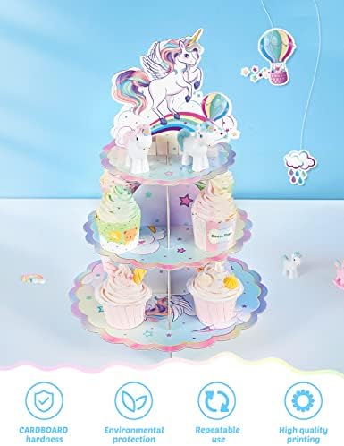 Стенд за кекс на еднорог - Декорации за забави на еднорог на виножито за девојчиња роденден 3 -ниво торта стол за картонска