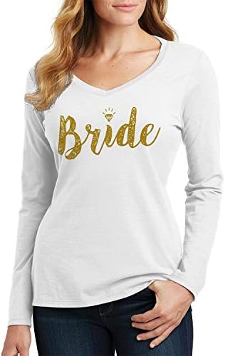 The ThreadRock Women'sенска невеста злато скрипта со долга ракав со маица со врат V-врат