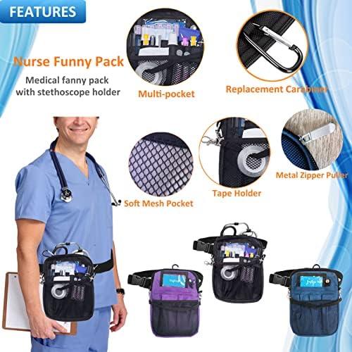 Ingkee медицинска сестра фани пакет со држач за стетоскоп, торбичка за појас на алатки за медицинска сестра, мулти-џебови за лента, стетоскопи, завој, ножици и складира