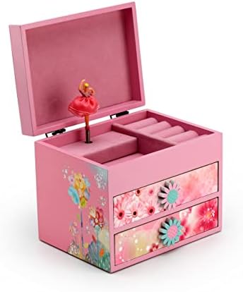 Розова дрвена цветна тема 18 белешка за балерина музичка кутија - многу песни што треба да ги изберете - извадете ме во играта на топката