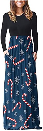 Божиќни Фустани За Жени Ситен Тенок Макси Фустан Божиќен Принт Крпеница Империја Половината Секојдневен Фустан Со Долги Ракави Со Џеб