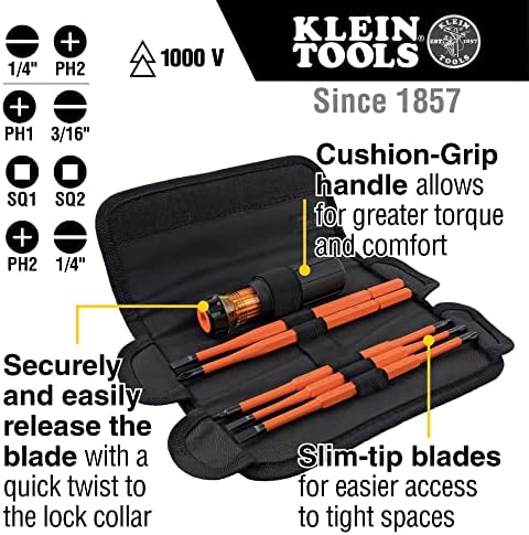 Klein Tools 68245 Реверзибилна сет на клучеви за ракување со кутија, 5-парчиња, црна и 32288 изолиран шрафцигер, 8-во-1 шрафцигер поставен со заменливи лопати, 3 филипс, 3 склопен?