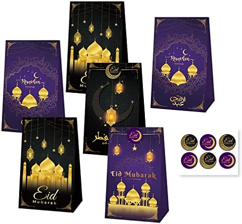 Корхонен Еид Мубарак торби за подароци, 12 парчиња Рамадан торби за подароци со налепници на Еид Мубарак, торби за гарнитури на