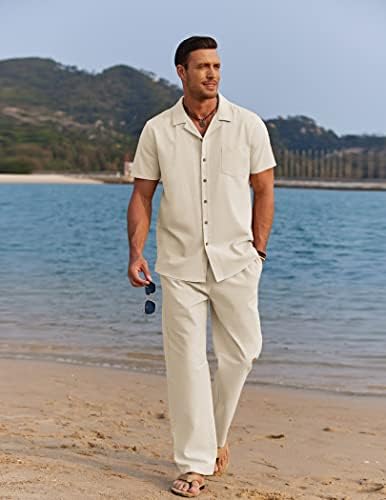 Coofandy Men 2 Piece Lenen Облека за плажа копче надолу со кошула Обични лабави пантолони