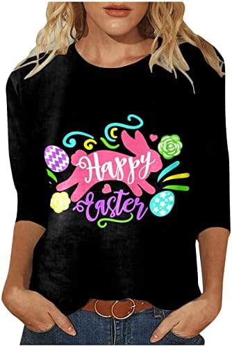 Женска обична маичка кошула Велигденски дневен врат на вратот Симпатична зајак печатен 3/4 ракав маица Топ Велигденски маички