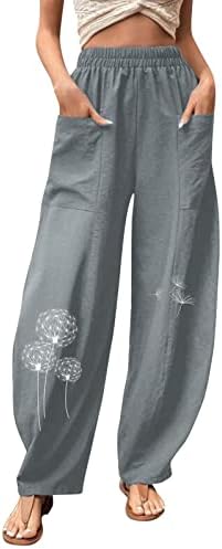 Постелни панталони за жени обични глуварче печати харем панталони со џеб боемски еластични лабави лабави панталони панталони